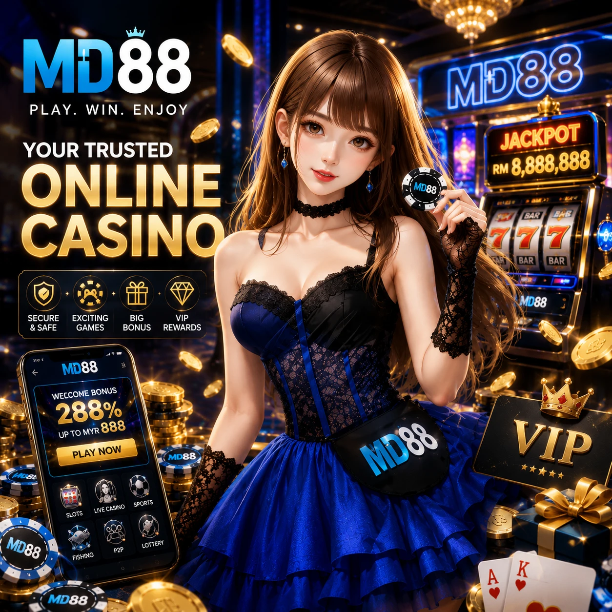 MD88 homepage hero banner for the secure online casino platform